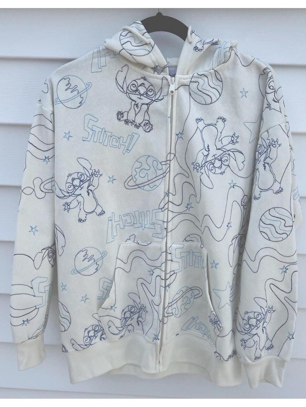 Disney’s STITCH Womens Med Embroidered Full Zip Hoodie w/ Pockets Cream